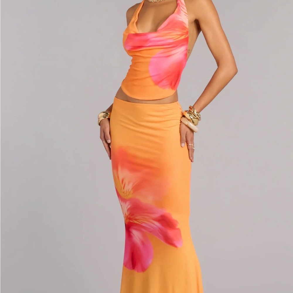 Windsor Orange & Pink Floral Halter Crop Top and Maxi Skirt Set